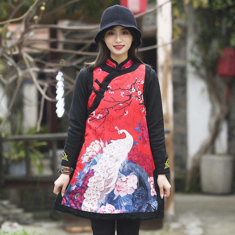 芭豆鼠：中式复古亲子冬装唐装棉袄孔雀数码印花镶边提花棉马甲在类目 童装/婴儿装/亲子装, 马甲中 - 来自Buy2taobao.com提供专业的淘宝代购服务