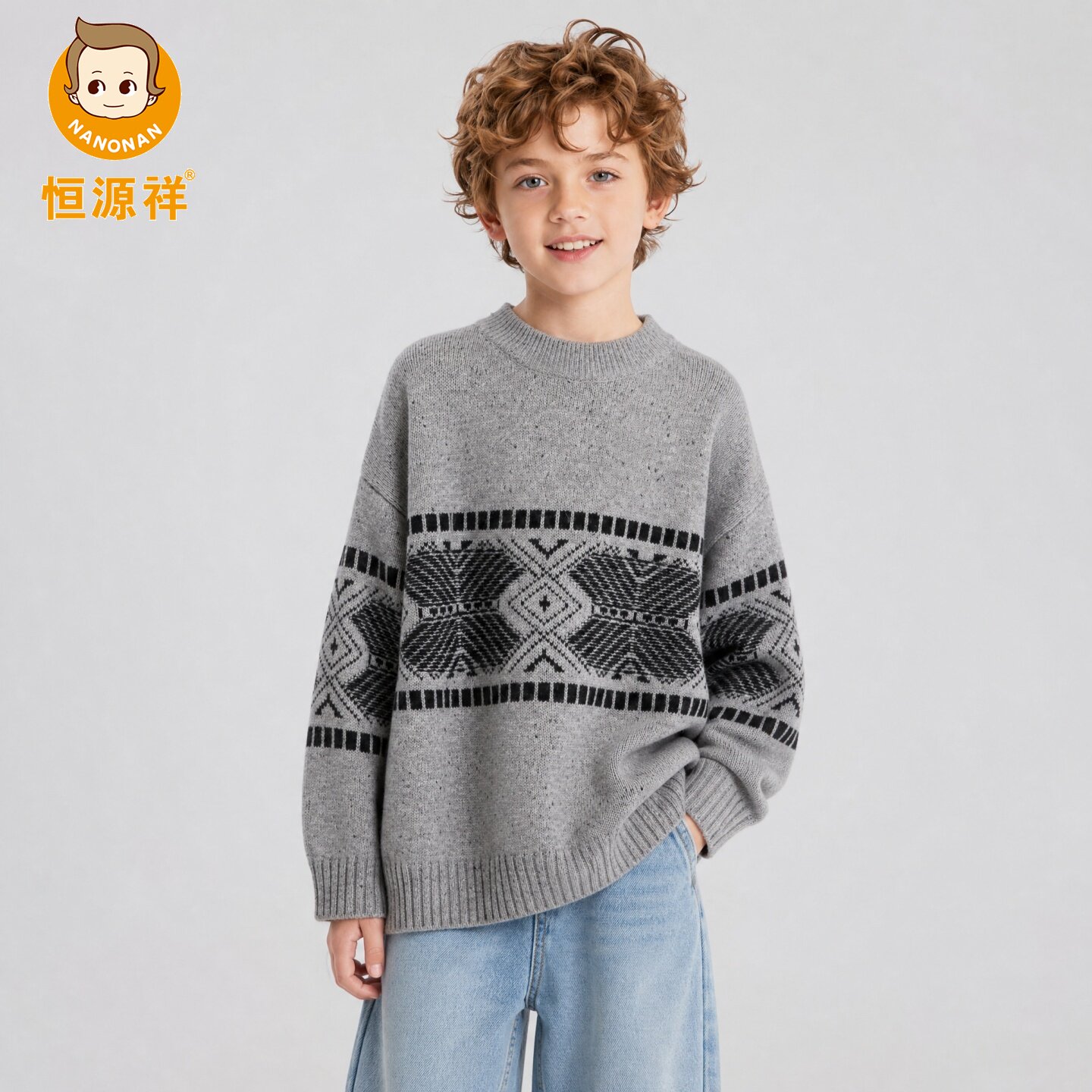 恒源祥男童秋冬加厚纯羊毛针织衫