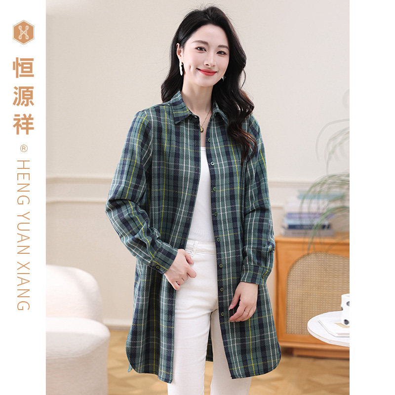 恒源祥100%棉格子衬衫女长袖春秋季复古港风显瘦纯棉中长款上衣潮