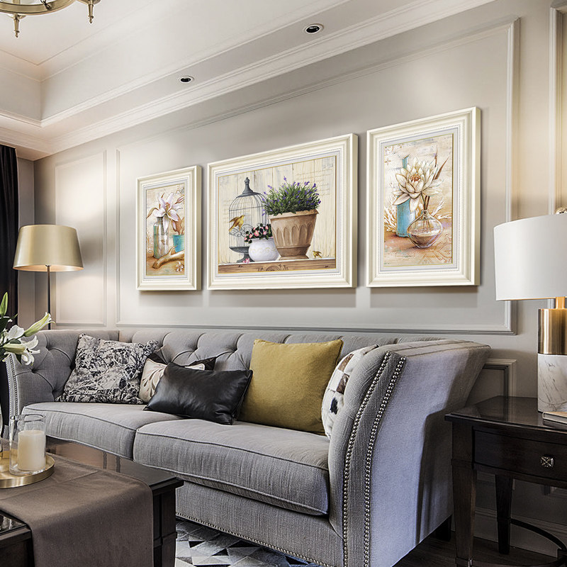 欧式客厅装饰画沙发背景墙画简欧大气挂画复古田园轻奢三联壁画