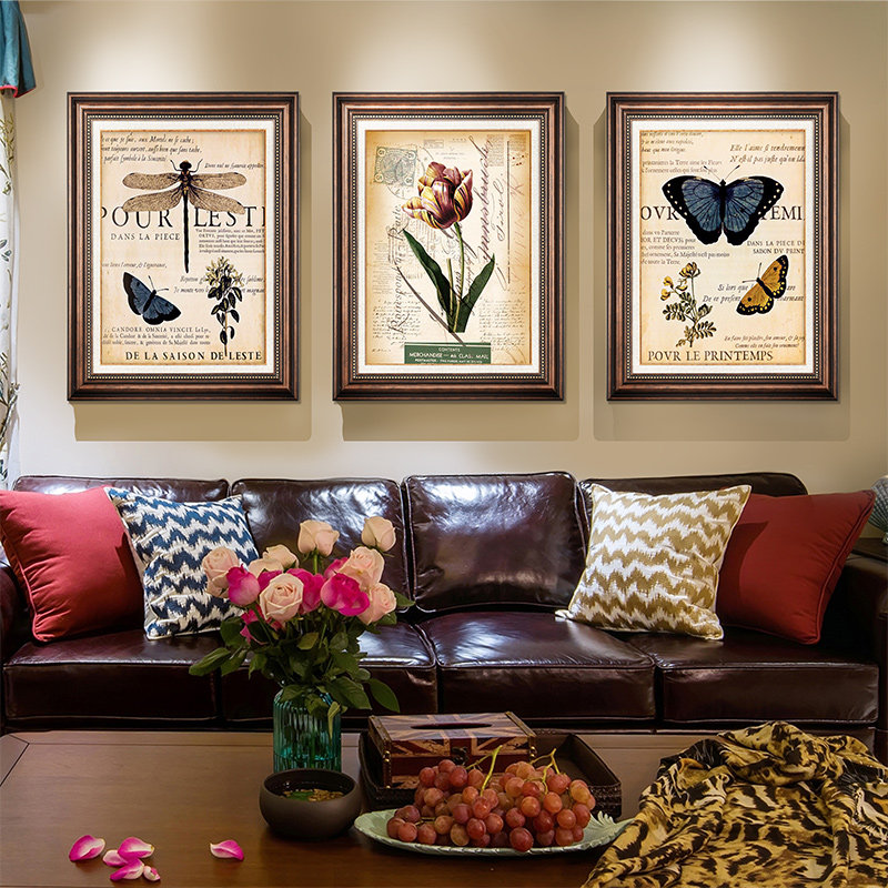 客厅装饰画沙发背景墙挂画卧室餐厅壁画美式复古油画蝴蝶三联画