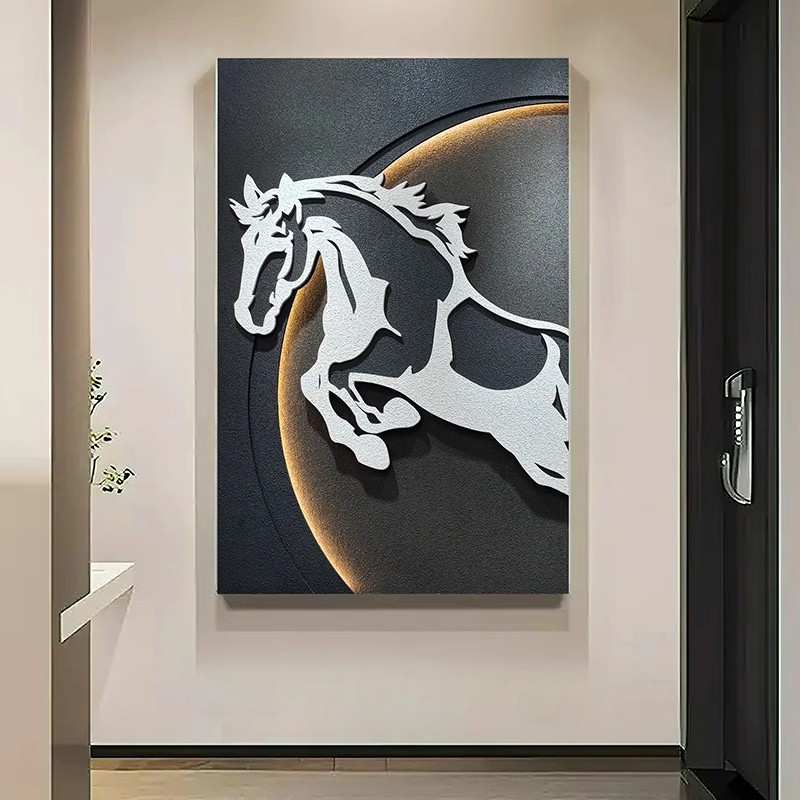 盛迪现代轻奢客厅装饰画高档玄关灯光画立体马画入户正对门壁画图片