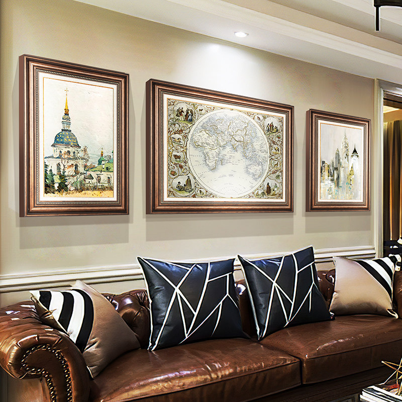 美式乡村装饰画客厅沙发背景墙挂画复古欧式三联画玄关油画建筑