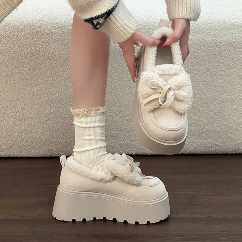 日本offcat小个子增高可爱毛绒勃肯单鞋女2025冬季新款厚底松糕底