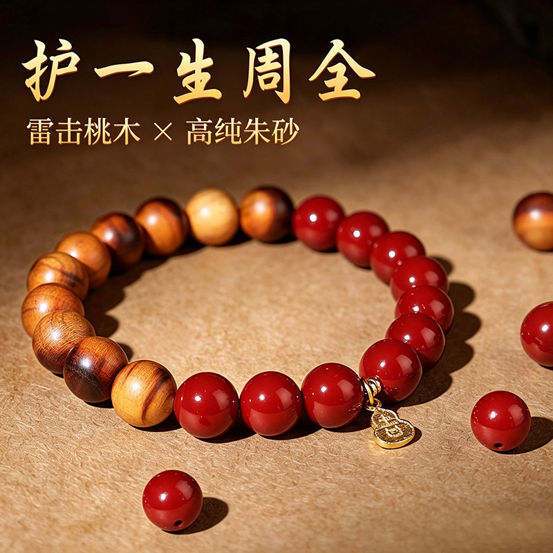 天然泰山真正雷击桃木朱砂手串图片