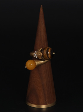 中古vintage时尚高级感复古小众猫眼石黄玛瑙双层铜镀做旧金戒指