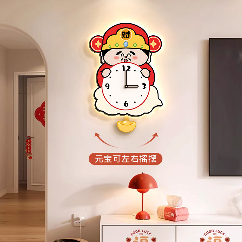 财神爷表客厅挂墙带壁灯装饰画新中式时钟餐厅新年钟表高级感挂钟