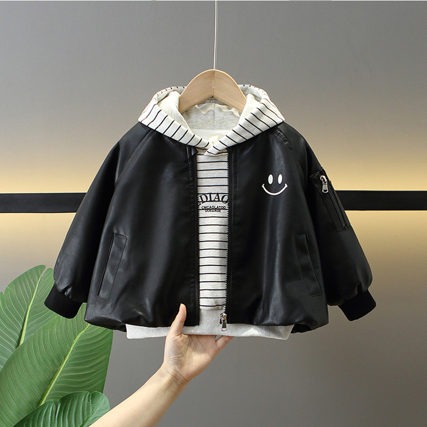 男童套装冬季儿童皮衣服三件套潮