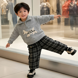 韩版男童外套痞帅宝宝针织毛衣套装春秋季2026新款儿童格子裤时髦
