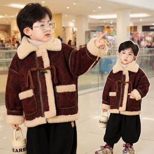 男童套装冬季宝宝过年服外套加绒儿童2025新款喜庆小女孩毛呢大衣