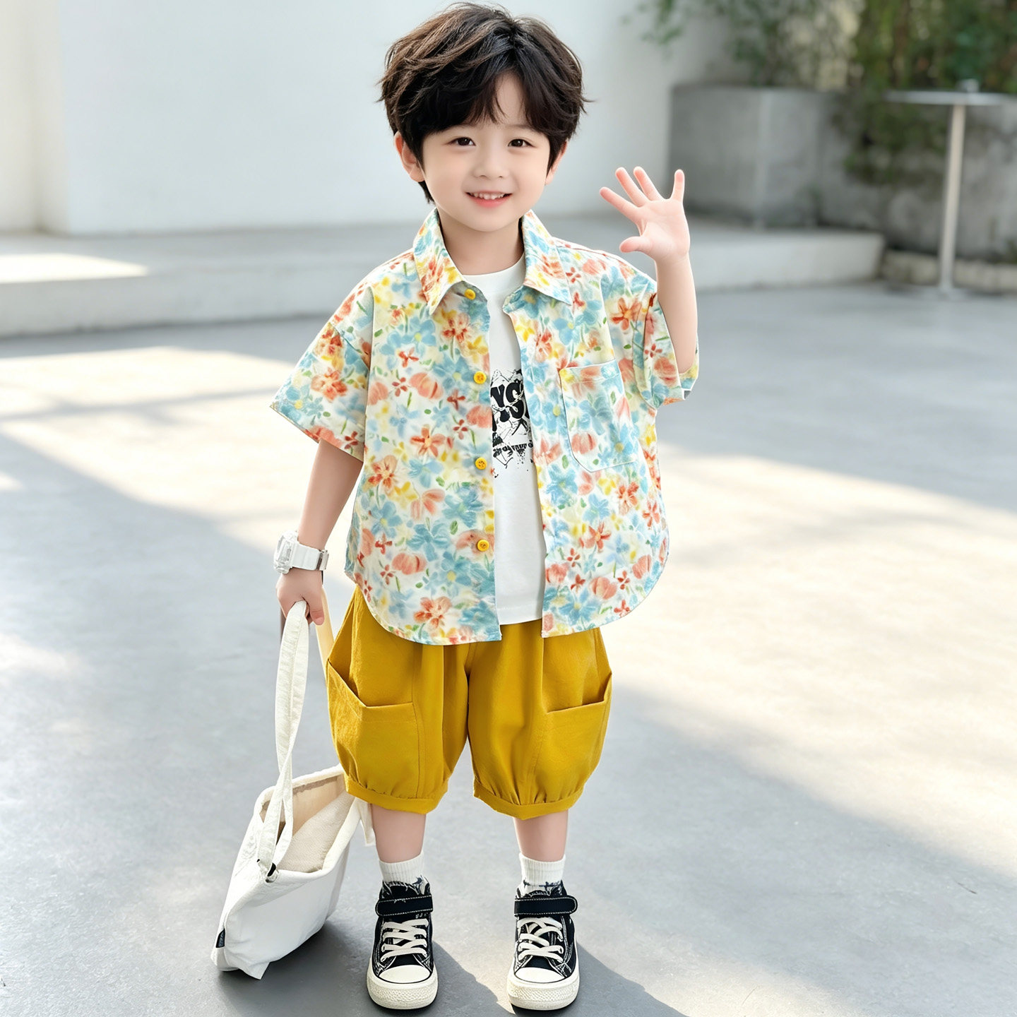 儿童夏季碎花衬衫套装男童夏装短袖休闲短裤两件套2026新款小少爷