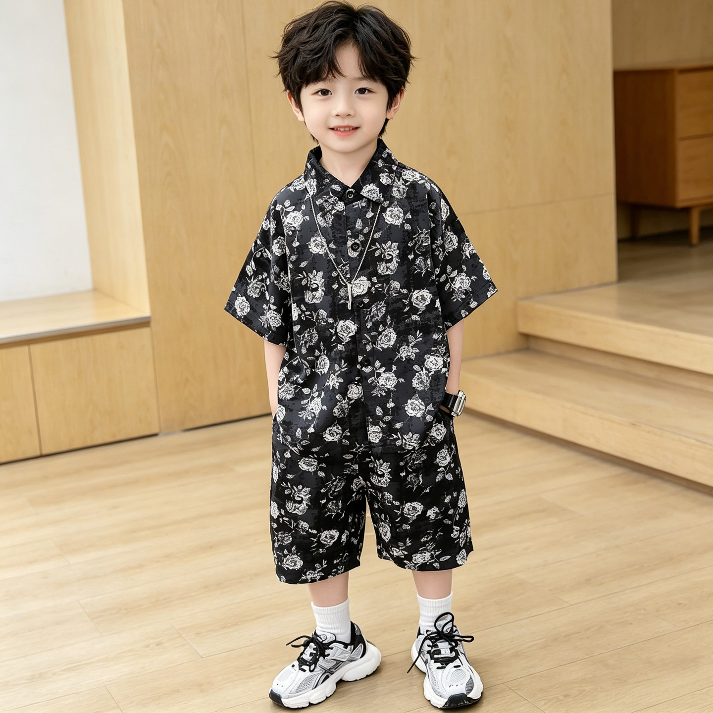 男童夏装儿童碎花短袖衬衫套装2026新款宝宝夏季酷帅短裤两件套薄