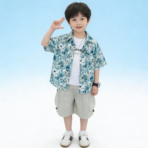 男童套装衬衫夏季碎花短袖三件套