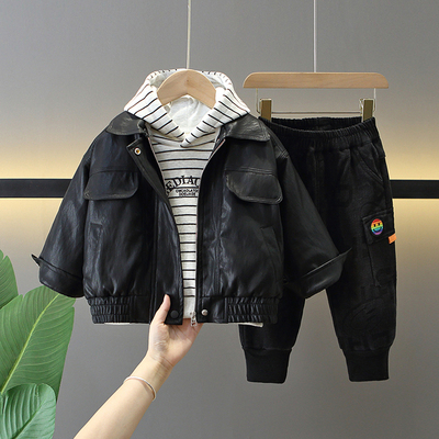 男童套装冬季儿童皮衣外套三件套