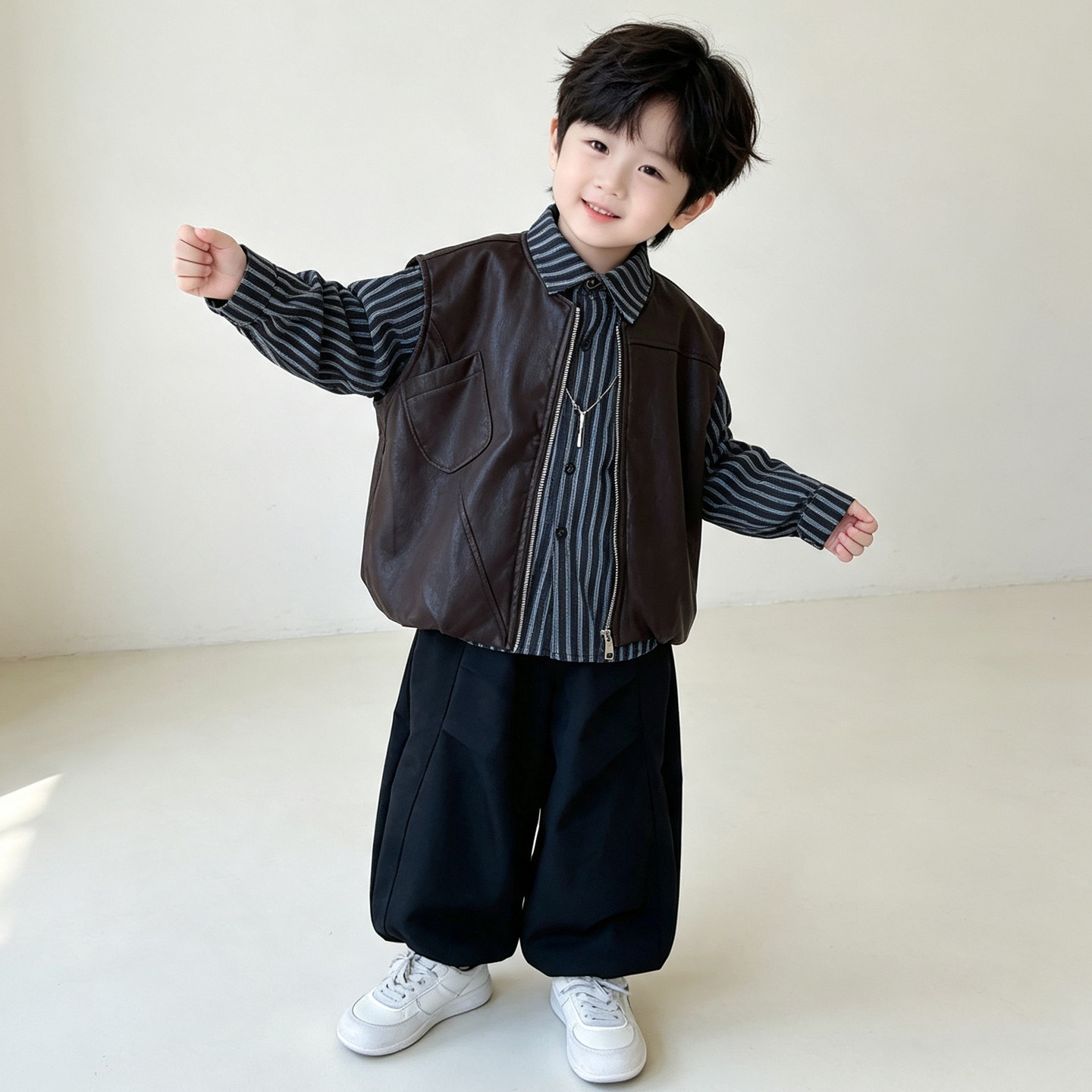 男童春秋韩系休闲套装小男孩条纹衬衫马甲三件套2026新款儿童衣服
