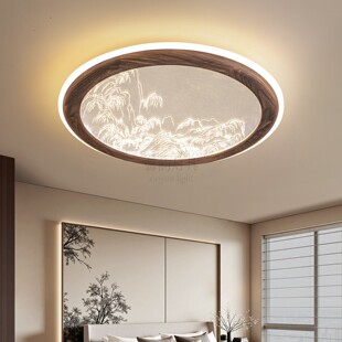 黑胡桃实木卧室主灯圆形新中式 现代简约餐厅书房间主卧吸顶灯具