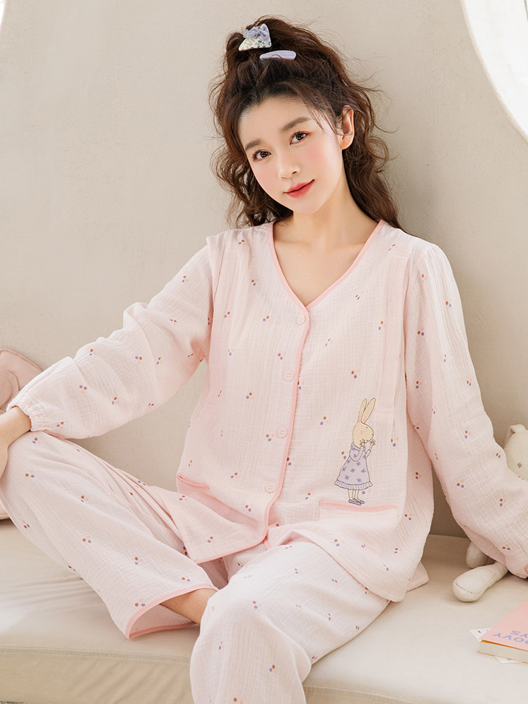 가정 시간 감금 옷 여름 얇은 산후 순면 거즈 봄 가을 출산 수유 옷 잠옷 수유 가정복