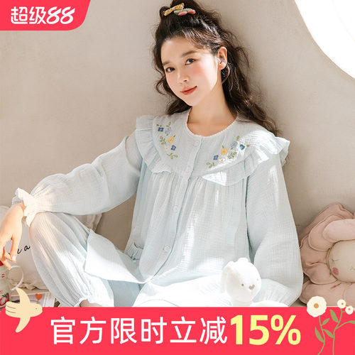 月子服夏季纯棉纱布哺乳睡衣