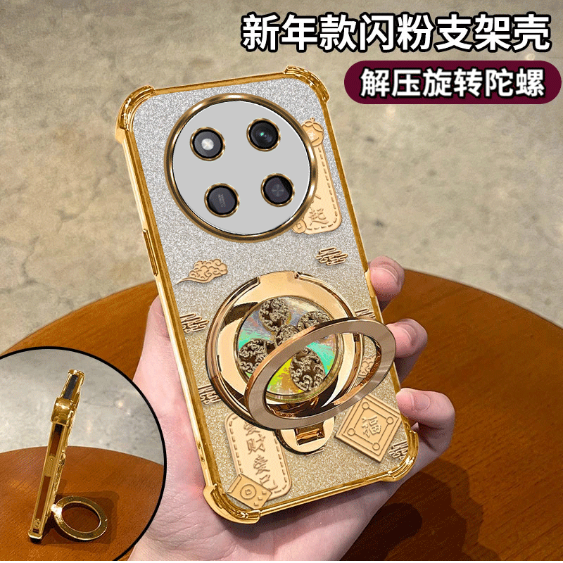 风生水起适用荣耀X60Pro四角防摔旋转支架手机壳可爱全包彩绘新款透明卡通清新质感保护套防摔