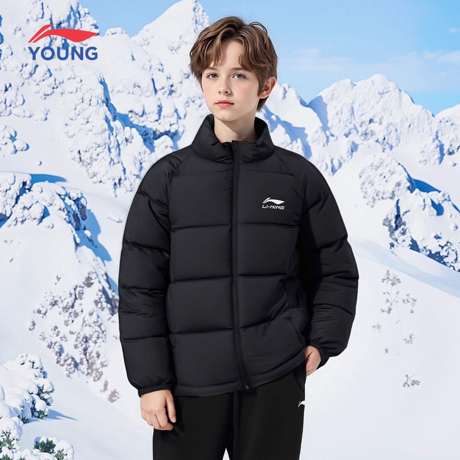 李宁儿童羽绒服男款宽松黑色外套