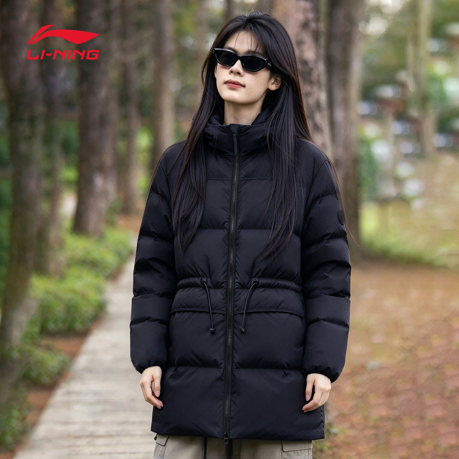 李宁女子中长款羽绒服连帽外套冬季新防风保暖款式女装收腰运动服