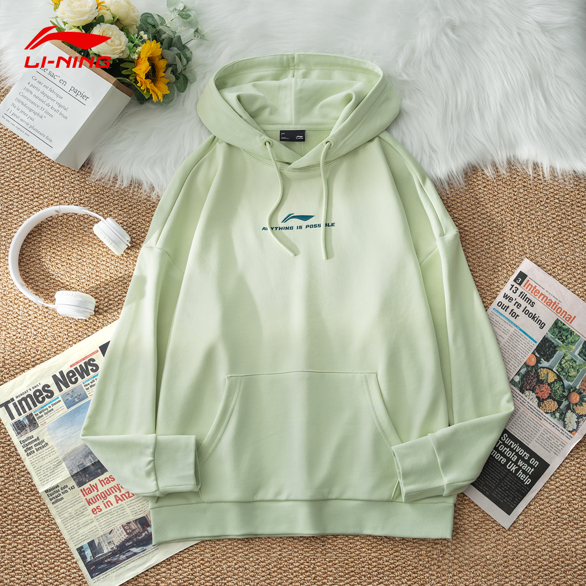 李宁连帽卫衣休闲情侣运动长袖