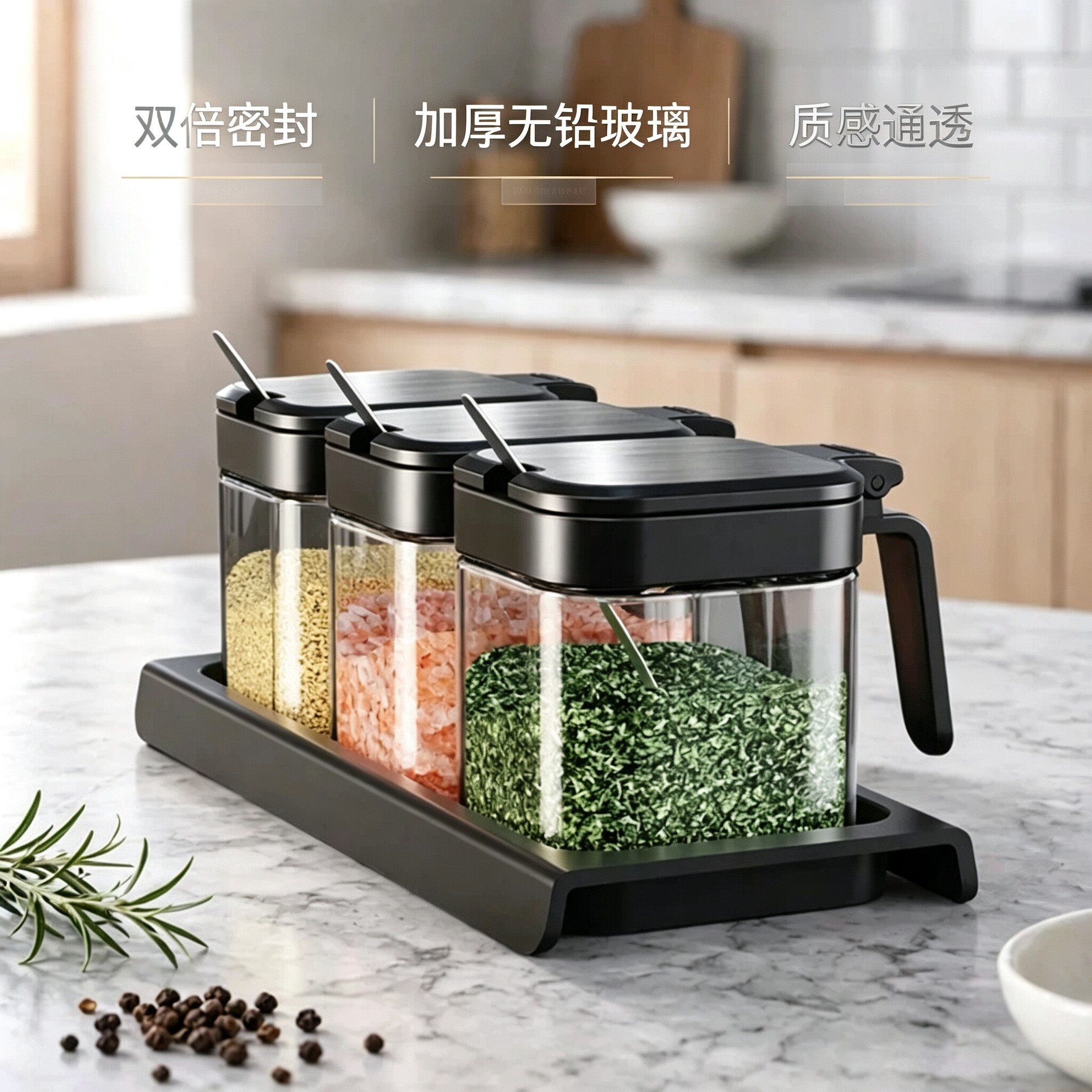 玻璃带勺密封调味罐套装