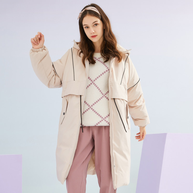 美特斯邦威羽绒服女2019新款冬季都连帽保暖长款无毛领冬天外套女