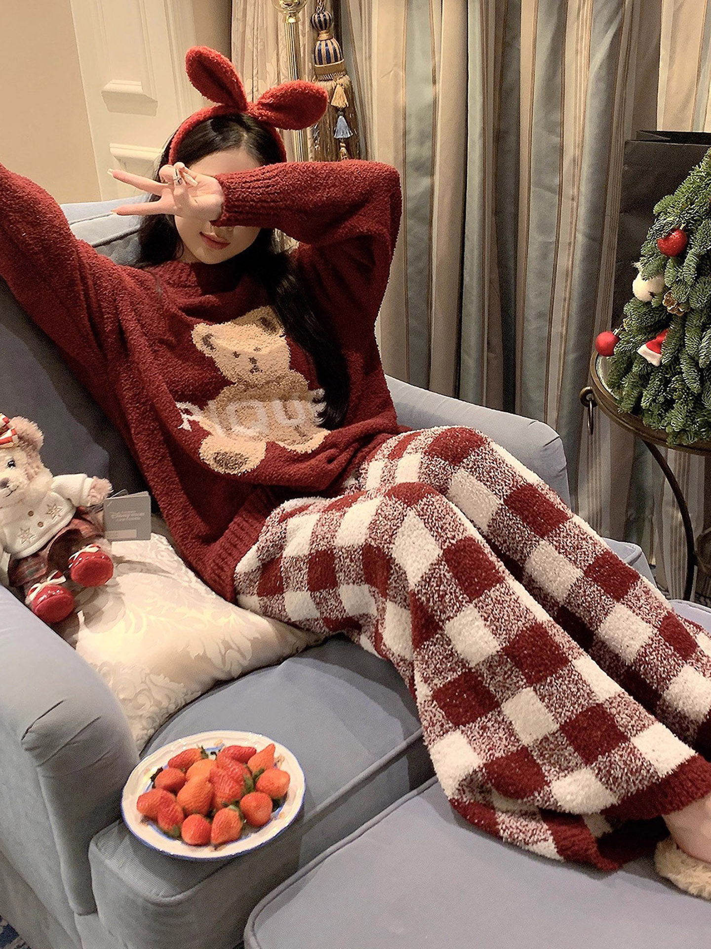 半边绒睡衣女秋冬季加厚加绒可爱红色本命年珊瑚绒少女家居服套装