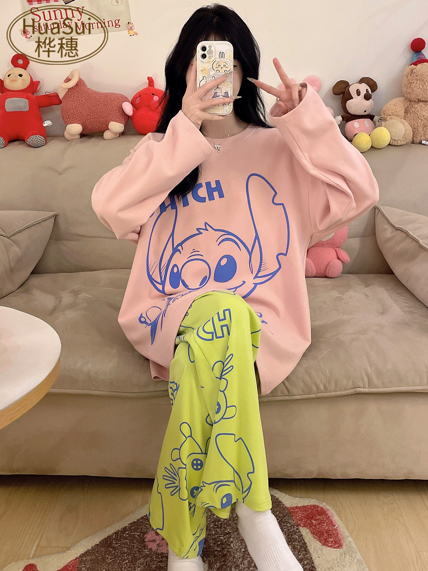 Пижама Stitch, женская весенне-осенняя пижама из чистого хлопка с длинными рукавами, симпатичный костюм-двойка fat MM plus fat plus, вес 200 кг, домашний костюм-двойка Изображение 1