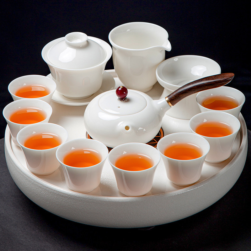 现代轻奢羊脂玉白瓷茶具套组家用茶盘客厅简约陶瓷功夫盖碗泡茶壶