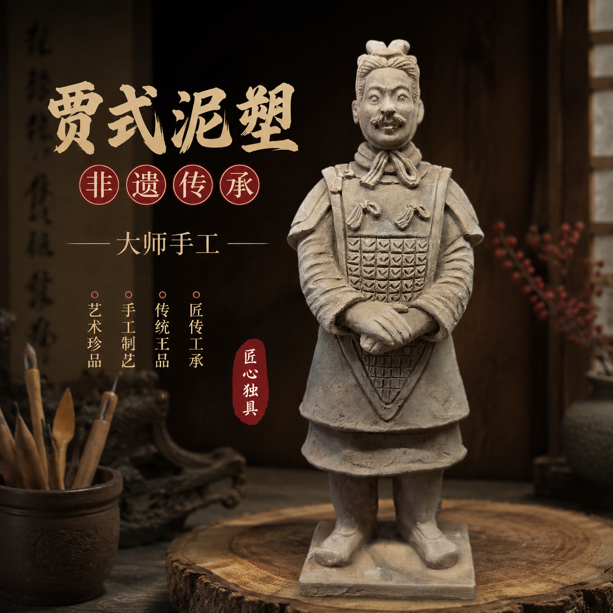 贾式泥塑兵马俑摆件非遗人物桌面摆件创意礼品西安纪念品礼物摆件