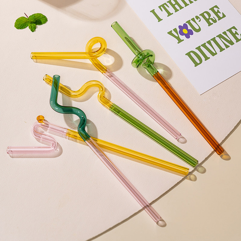 onlycook可爱弯头弯曲透明彩色玻璃吸管耐热果汁玻璃管非一次性