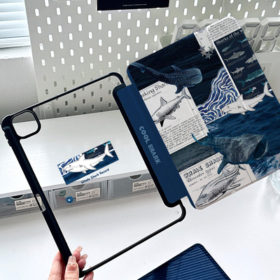 2024新款ipadpro保护套亚克力air6壳11带笔槽air7平板10简约mini7防摔11代透明三折2025鲸鱼鲨鱼720旋转创意