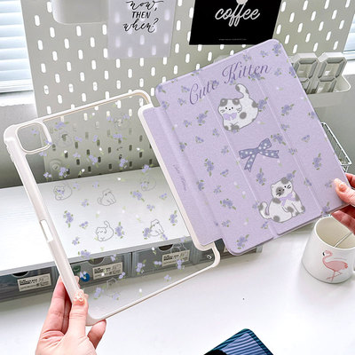 紫色ipad壳带笔槽蝴蝶结猫咪air7平板女孩壳ipad9/10/11代皮套白边框matepad11.5s保护套720旋转无笔槽mini6