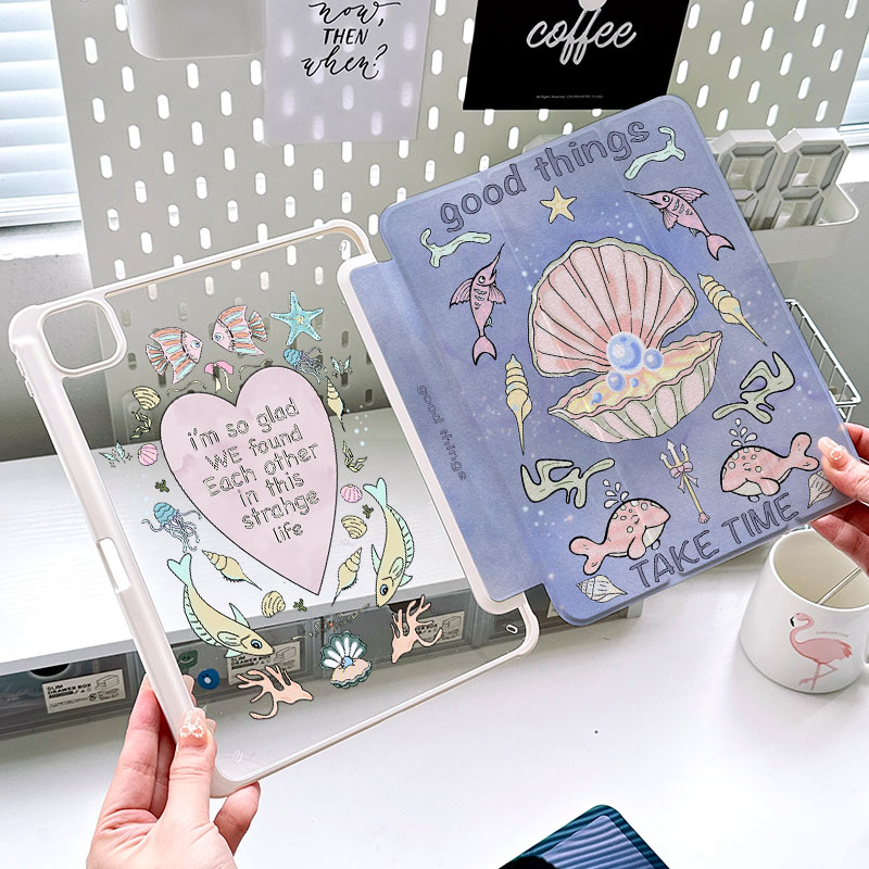 ipad10卡通珍珠彩绘air6ipad保护套air7保护壳透明pro11寸亚克力mini7防摔三折女生适用苹果平板带笔槽可旋转