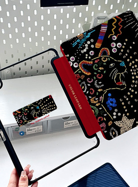 黑色ipadmini7代保护套亚克力720旋转10.2寸pro11创意男air4带笔槽个性豹子10.9平板air6全包vivopad防摔壳3