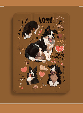 ipadmini6保护套22三折air5平板壳iPad9/10拼接可爱趣味边牧狗4硅胶第十代九pro11透明10.2英寸带笔槽书本式8