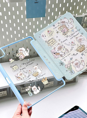 2024iPadPro11保护套笔槽防弯保护套亚克力10.2透明壳oppopad2外壳蓝色小猫10.9第十代8卡通可爱女13寸高颜值