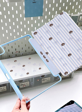 ipadair5蓝色皮套2024款pro11寸保护壳mini6平板10轻薄air6亚克力3带笔槽三折防弯防摔720旋转条纹小熊第九代