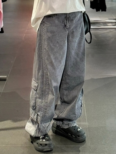 cleanfit风格 ADPK多口袋工装三条杠条纹阔腿扭扭运动牛仔裤长裤