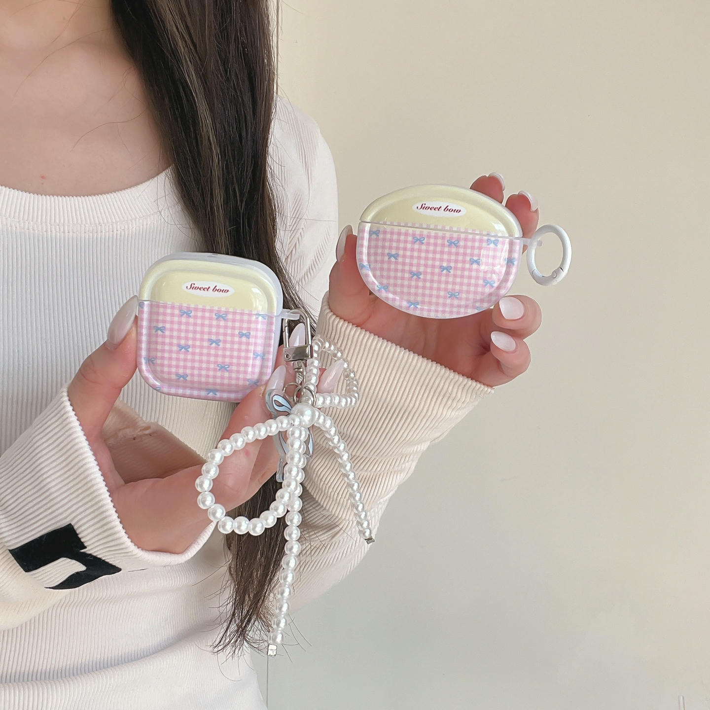 拼接粉格纹蝴蝶结适用华为Clip2蓝牙耳机壳新款freebudspro5华为7i/5i/6i保护套pro3/pro4软壳少女心se2/se3