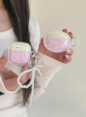 拼接粉格纹蝴蝶结适用华为Clip2蓝牙耳机壳新款freebudspro5华为7i/5i/6i保护套pro3/pro4软壳少女心se2/se3