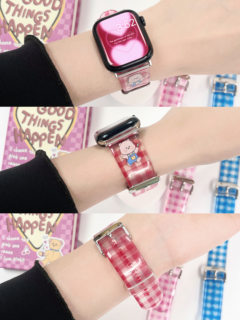 适用applewatch9卡通格纹TPU表带苹果8765se可爱透明百搭创意女款