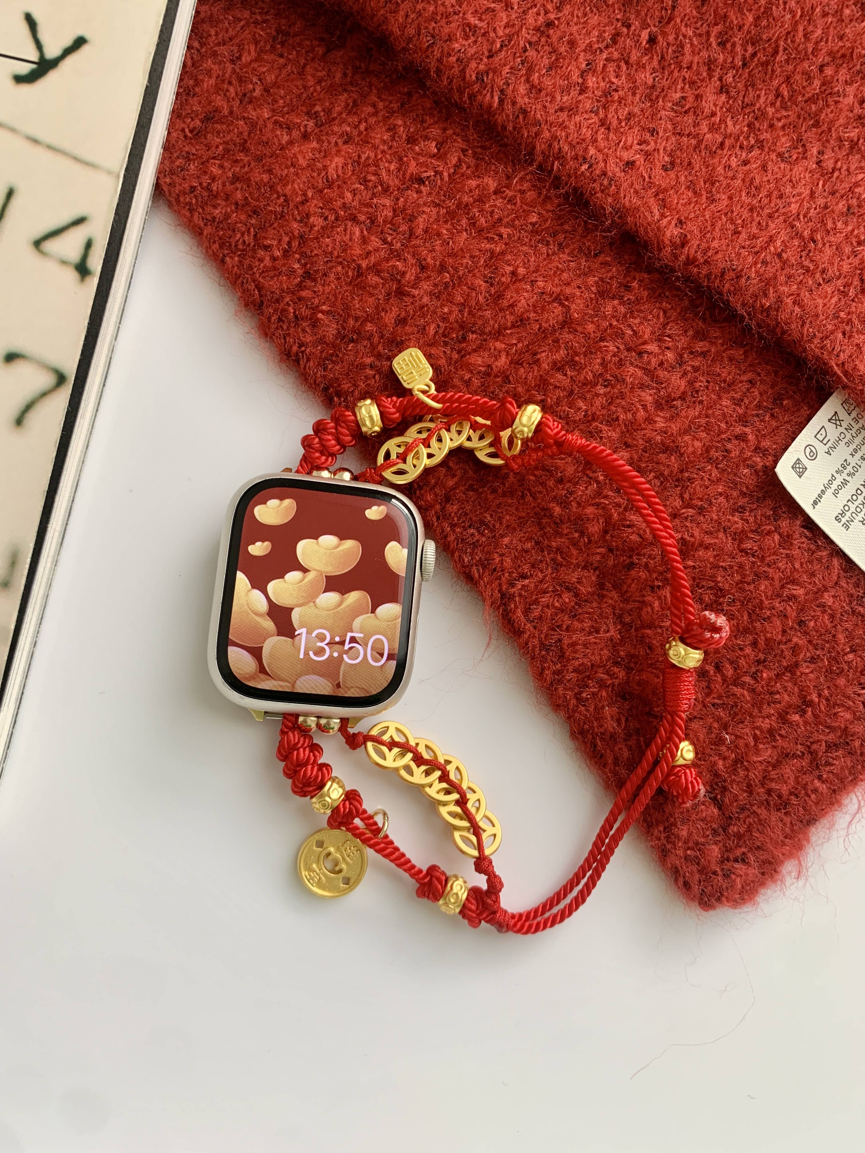 新年如意红绳手作编织绳表带适用于s9苹果手表带87654se通用龙年