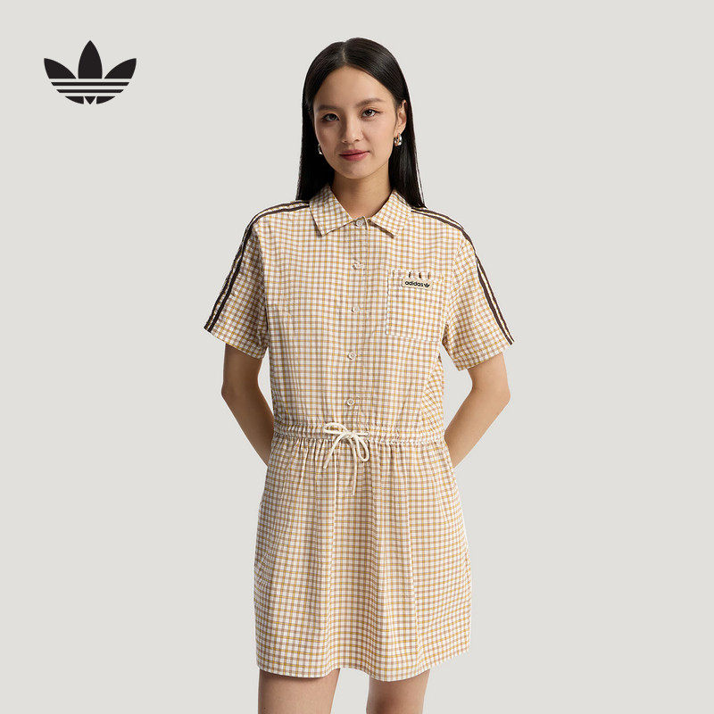 adidas阿迪达斯三叶草格子呢长裙2026夏女拉绳收腰连衣裙 KU9401