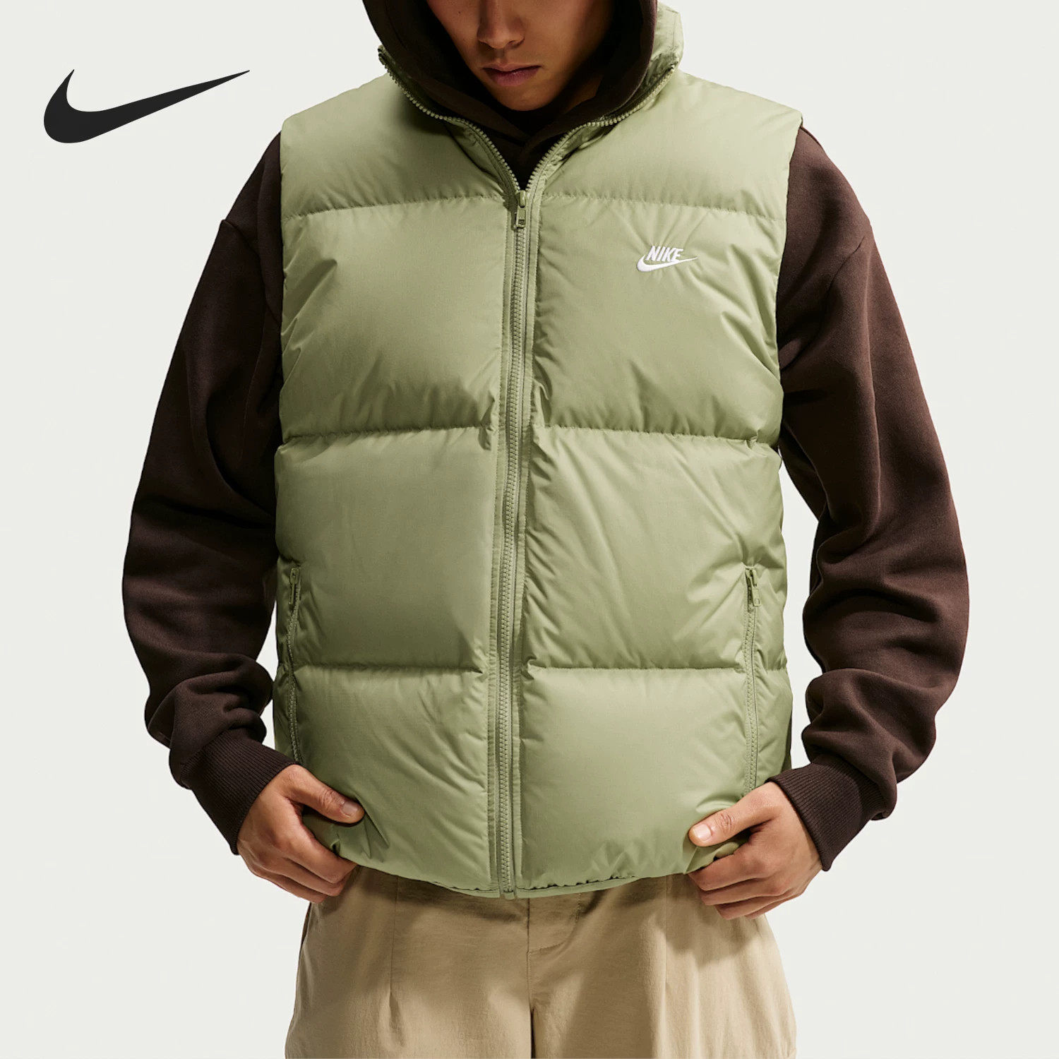 Nike耐克新款羽绒马甲男立领加厚保暖背心绿色拉链外套潮流时尚