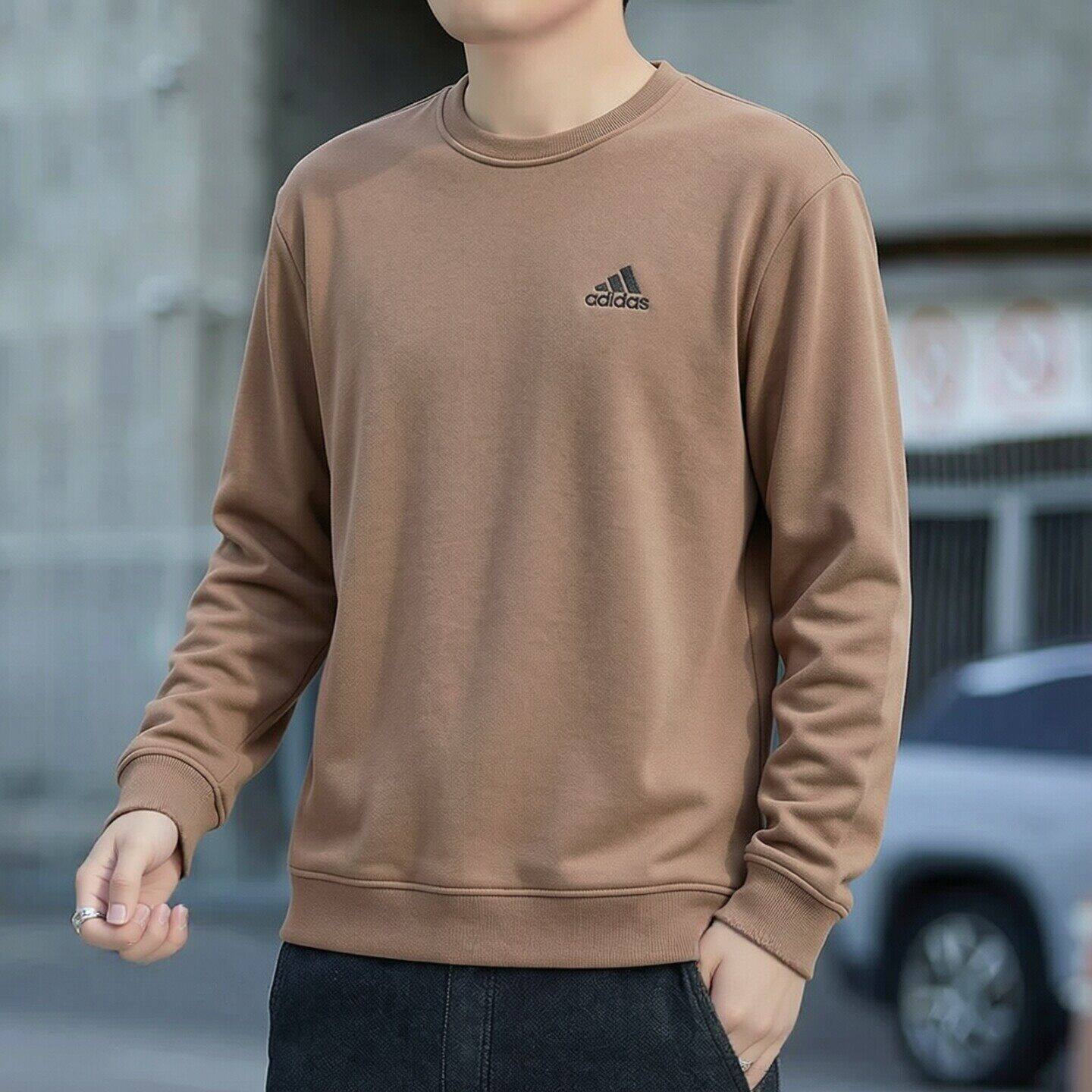 阿迪达斯咖色长袖卫衣男圆领套头内搭打底衫新款男士运动休闲上衣