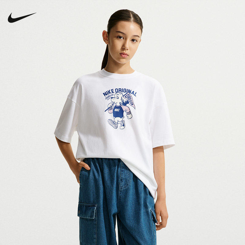 NIKE耐克童装女短袖夏季休闲运动宽松卡通小狗图案T恤IO2032-100