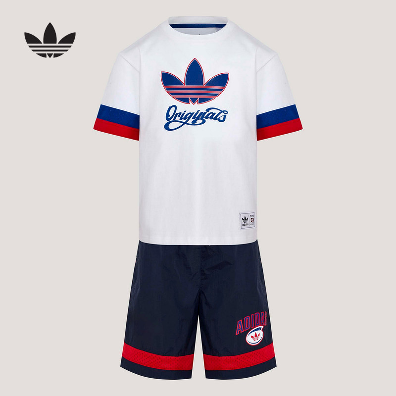 adidas阿迪达斯男小童夏装两件套三叶草篮球短袖短裤套装 KG3340